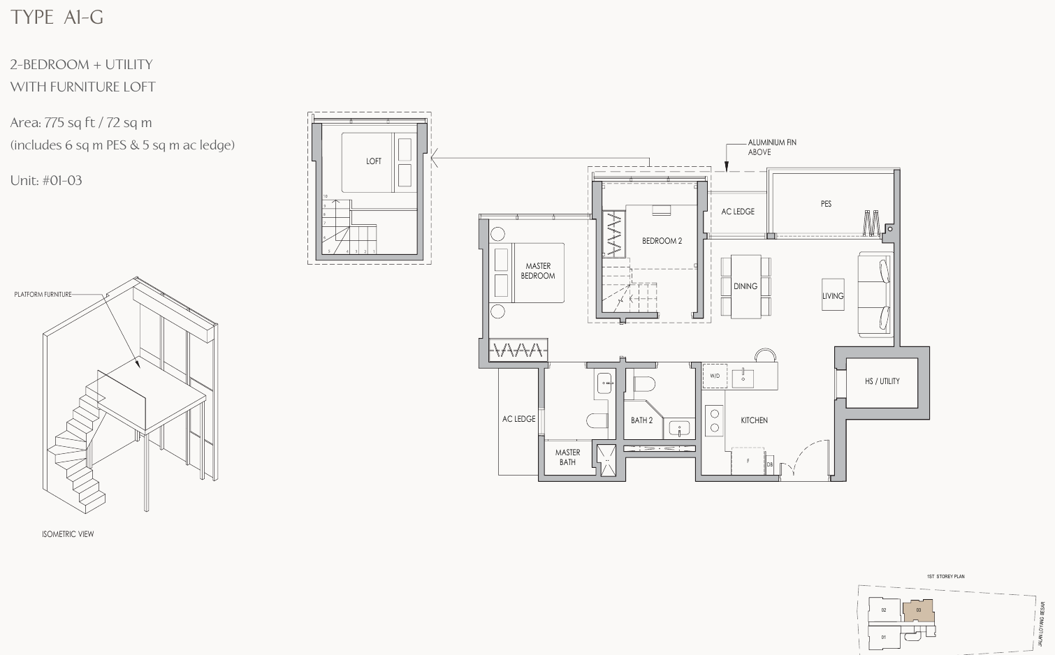 Type A1-G · 2-Bedroom + Utility with furniture loft · 775 sqft