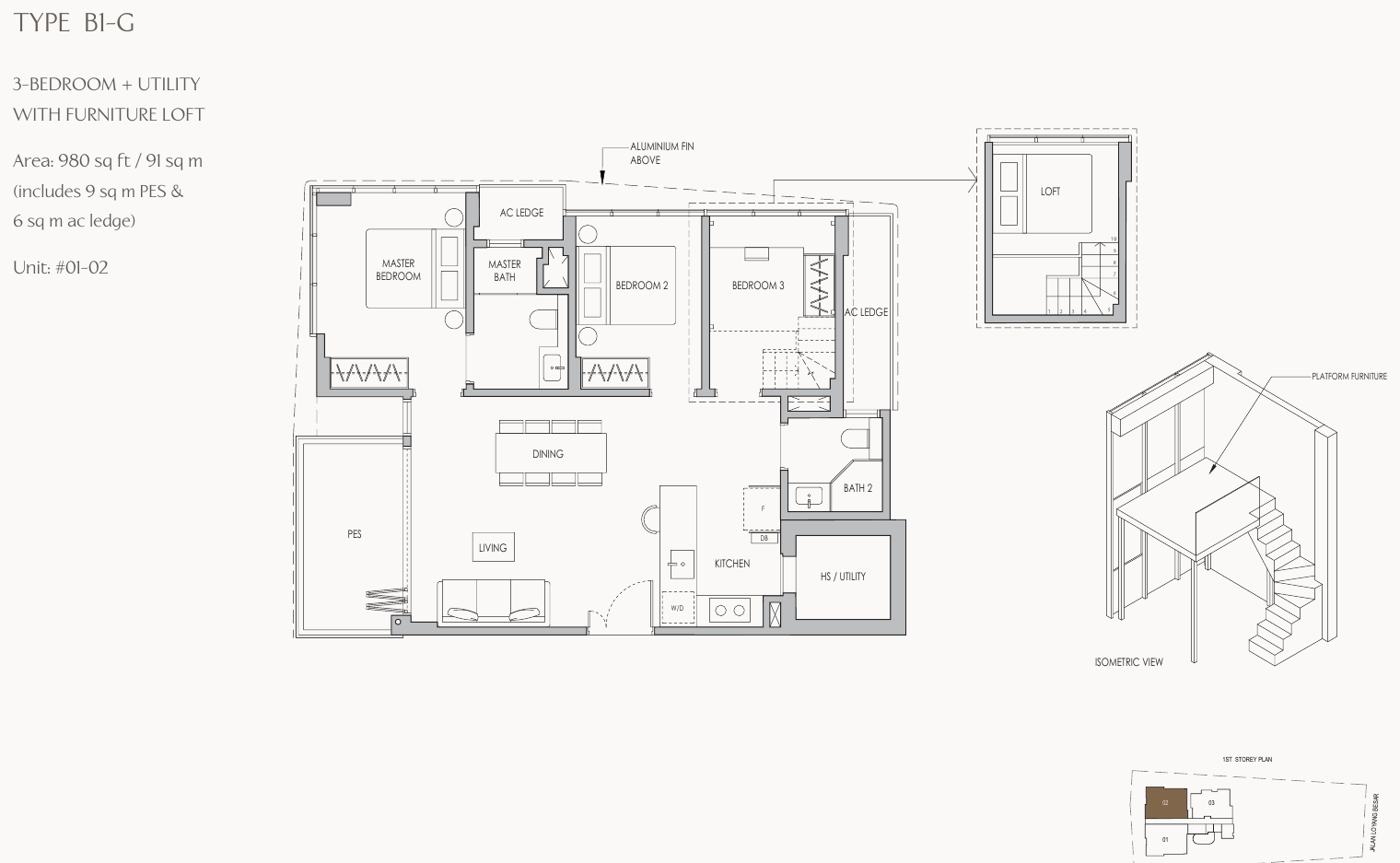 Type B1-G · 3-Bedroom + Utility with furniture loft · 980 sqft