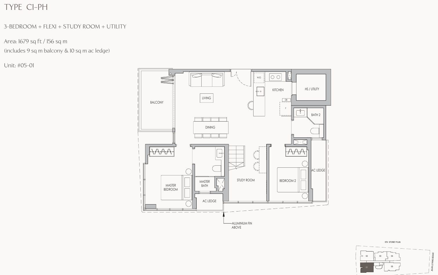 Type C1-PH · 3-Bedroom + Flexi + Study Penthouse · lower floor · 1,679 sqft